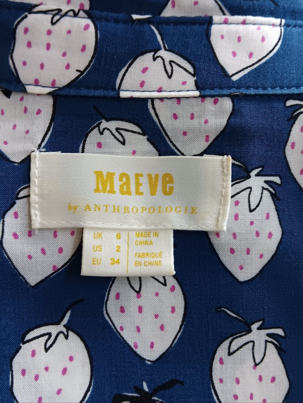 Anthropologie Maeve Navy Blouse with White & Pink Strawberry Print. Size 2